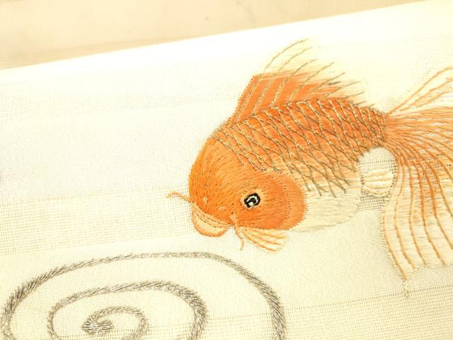 平和屋着物＊夏物　アンティーク　大正ロマン　九寸名古屋帯　総刺繍　流水枝葉文　金魚　金銀糸　正絹　逸品　DABC8657cm_3