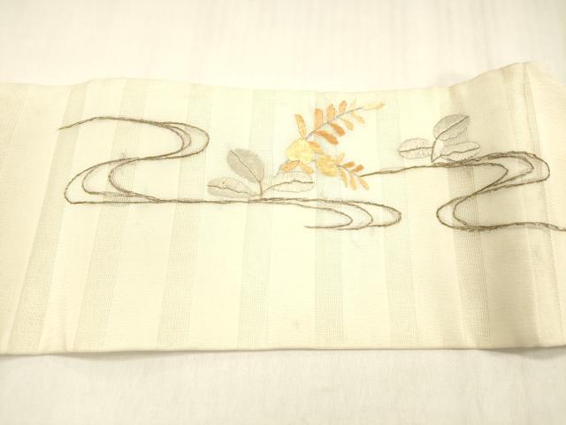 平和屋着物＊夏物　アンティーク　大正ロマン　九寸名古屋帯　総刺繍　流水枝葉文　金魚　金銀糸　正絹　逸品　DABC8657cm_4