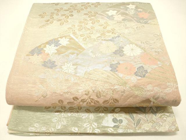 平和屋着物＊夏物　六通柄袋帯　扇面草花文　金銀糸　正絹　逸品　DABC8801cm