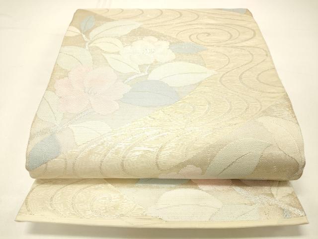 平和屋着物＊夏物　六通柄袋帯　流水籬草花文　銀糸　正絹　逸品　DABC8811cm