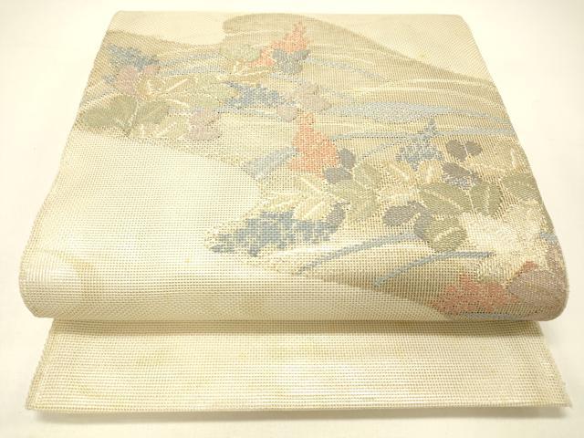 平和屋着物＊夏物　太鼓柄袋帯　流水草花文　金糸　正絹　逸品　DABC8831cm