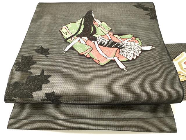 平和屋着物＊夏物　九寸名古屋帯　女人舞葉文　黒地　金糸　正絹　逸品　DABC8852cm