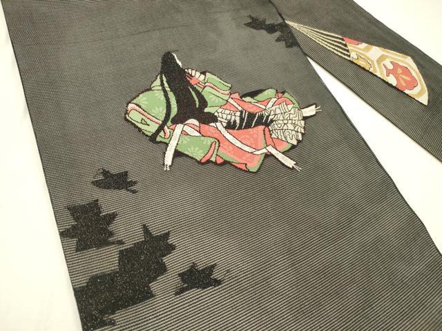 平和屋着物＊夏物　九寸名古屋帯　女人舞葉文　黒地　金糸　正絹　逸品　DABC8852cm_1