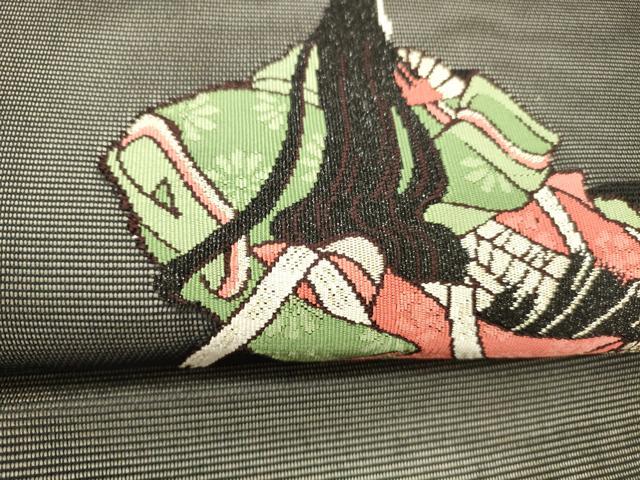 平和屋着物＊夏物　九寸名古屋帯　女人舞葉文　黒地　金糸　正絹　逸品　DABC8852cm_2