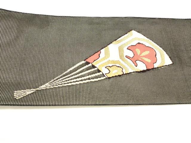 平和屋着物＊夏物　九寸名古屋帯　女人舞葉文　黒地　金糸　正絹　逸品　DABC8852cm_4