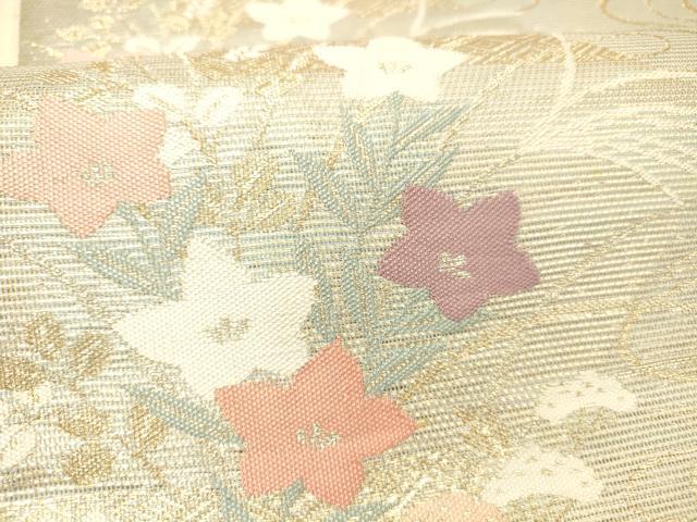 平和屋着物＊夏物 六通柄袋帯 流水草花文 金糸 正絹 逸品 DABC8859cmの