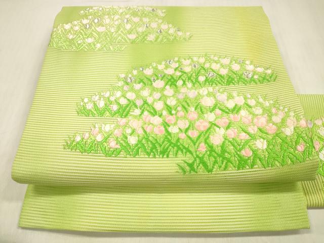 平和屋着物＊夏物　九寸名古屋帯　唐織　チューリップ　銀糸　正絹　逸品　DABC8924cm