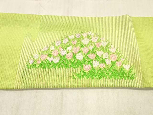 平和屋着物＊夏物　九寸名古屋帯　唐織　チューリップ　銀糸　正絹　逸品　DABC8924cm_4