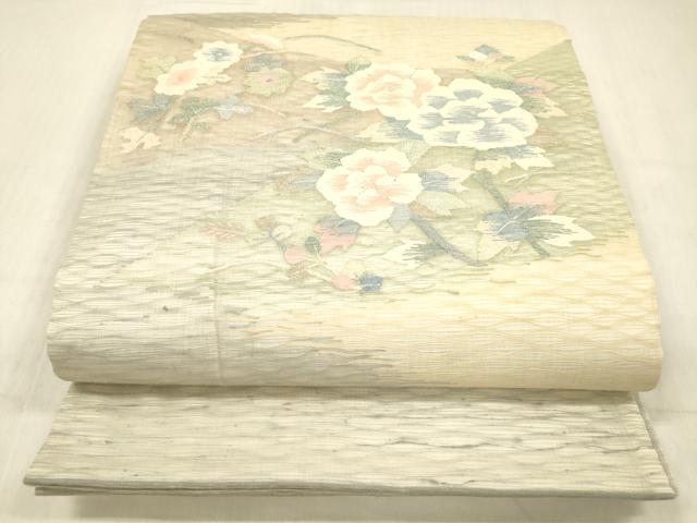 平和屋着物＊夏物　太鼓柄袋帯　草花文　銀糸　正絹　逸品　DABC8970cm