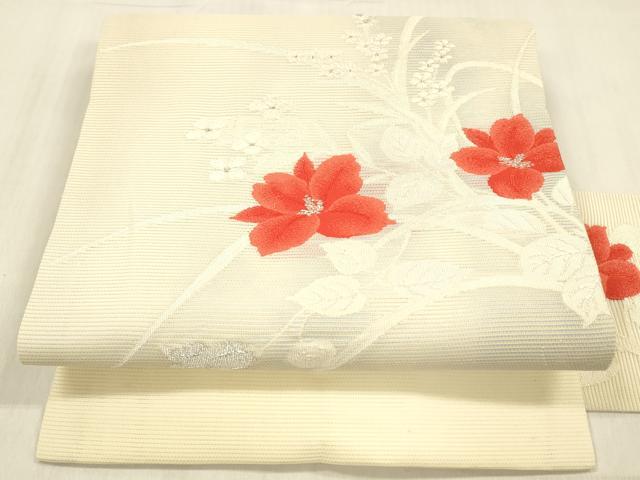 平和屋着物＊夏物　九寸名古屋帯　草花文　銀糸　正絹　逸品　DABC8978cm