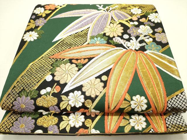 平和屋着物○六通柄袋帯 唐織 笹の葉花文 黒地 金銀糸 正絹 逸品 
