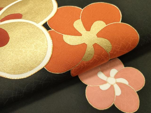 平和屋着物●塩瀬　九寸名古屋帯　駒刺繍　捻梅　黒地　金彩　正絹　逸品　未使用　DABD0131op 平和屋着物○塩瀬 九寸名古屋帯 駒刺繍 御所車花文 黒地 金彩 正絹