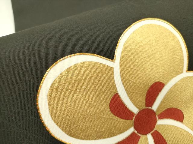 平和屋着物●塩瀬　九寸名古屋帯　駒刺繍　捻梅　黒地　金彩　正絹　逸品　未使用　DABD0131op 平和屋着物○塩瀬 九寸名古屋帯 駒刺繍 御所車花文 黒地 金彩 正絹