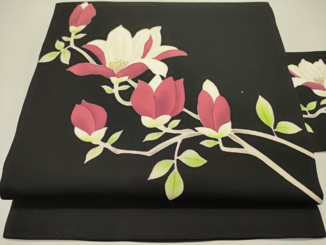 平和屋着物●塩瀬　九寸名古屋帯　草花文　黒地　金彩　正絹　逸品　DABD0143op 27,885円