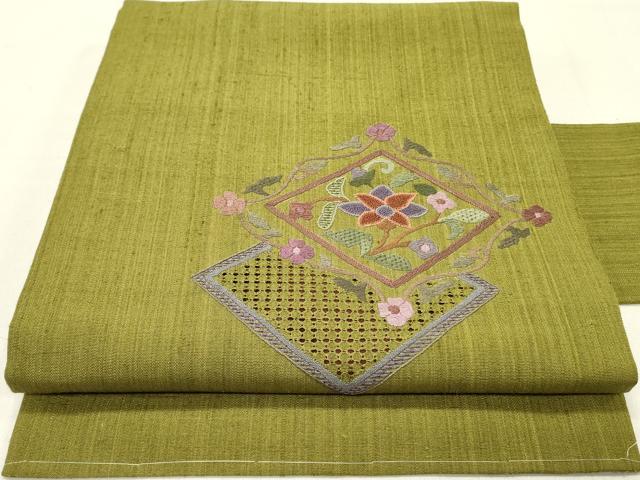 平和屋着物●中国三大刺繍　スワトウ刺繍　汕頭刺繍　相良刺繍　総刺繍　九寸名古屋帯　紬地　花菱文　正絹　逸品　DABD0163op