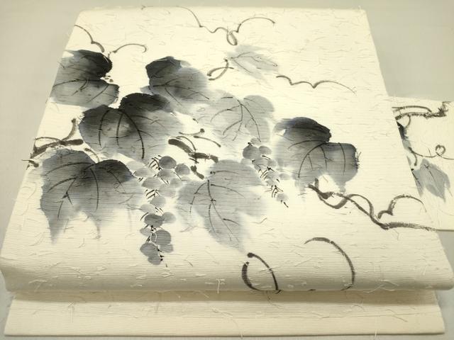 平和屋着物●九寸名古屋帯　作家物　手描き　髭紬　蔦の葉文　正絹　逸品　DABD0192op 平和屋着物○九寸名古屋帯 作家物 手描き 髭紬 蔦の葉文 正絹 逸品
