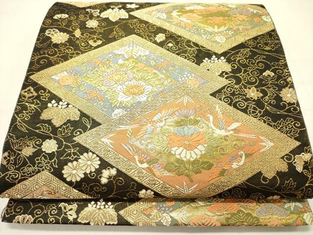 平和屋着物●西陣　服部織物謹製　六通柄袋帯　唐織　花菱文　黒地　金糸　正絹　逸品　DABD0200op