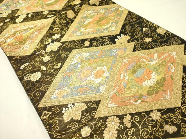 平和屋着物●西陣　服部織物謹製　六通柄袋帯　唐織　花菱文　黒地　金糸　正絹　逸品　DABD0200op