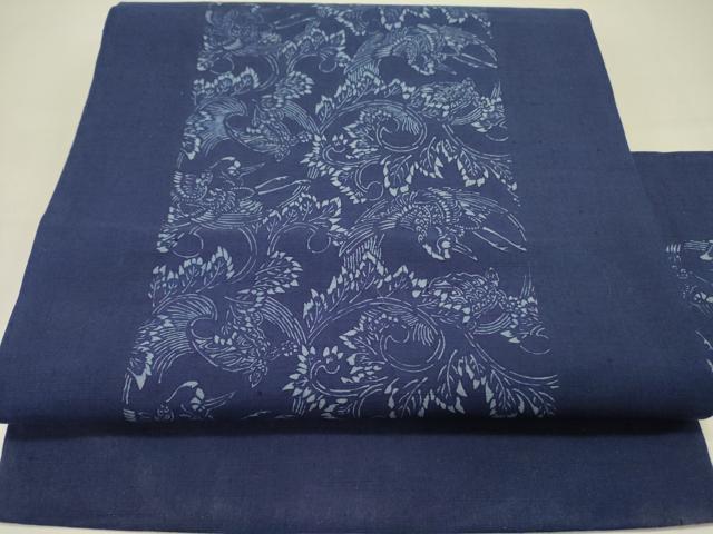 平和屋着物●九寸名古屋帯　作家物　紬地　藍　型染　花鳥文　正絹　逸品　DABD0221op 31,200円