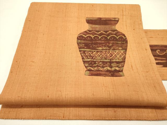 平和屋着物●九寸名古屋帯　作家物　紬地　陶器花文　ろうけつ染め　正絹　逸品　DABD0240op