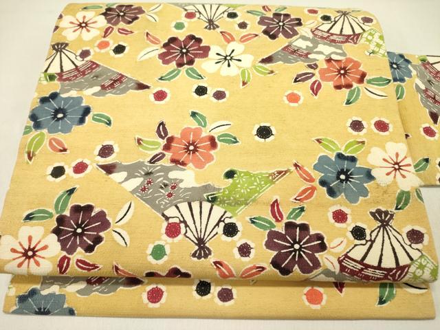 平和屋着物●九寸名古屋帯　紬地　型染　舞桜　扇面花文　正絹　逸品　DABD0263op