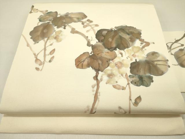 平和屋着物●手描友禅女流作家　一色生子　塩瀬　九寸名古屋帯　手描き　蔦の葉文　正絹　逸品　DABD0285op