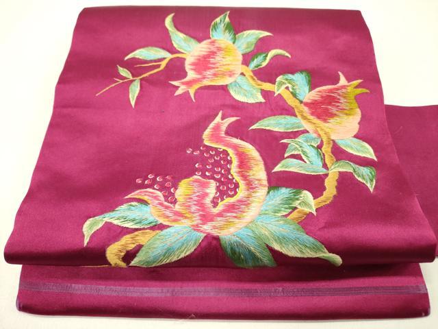平和屋着物●アンティーク　大正ロマン　九寸名古屋帯　総手刺繍　草花　正絹　逸品　DABD0340op