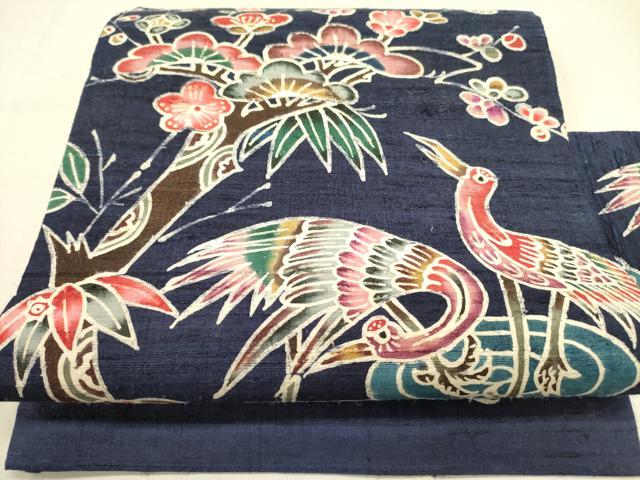 平和屋着物●藍染　ファッションデザイナー　坂東京子　九寸名古屋帯　生紬　花鳥松文　ろうけつ染め　正絹　逸品　DABD0434op