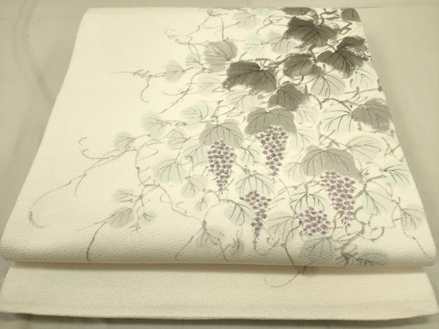 平和屋着物○着物作家 岡本龍三 全通柄袋帯 手描き 葡萄蔦の葉 正絹 