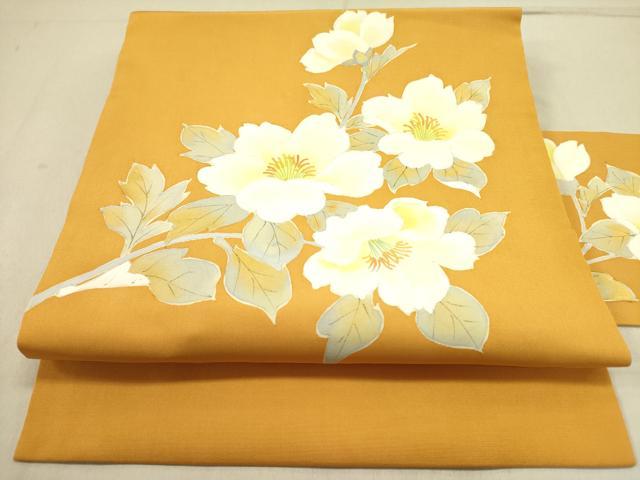 平和屋着物●塩瀬　九寸名古屋帯　手描き　草花　正絹　逸品　DABD0520op