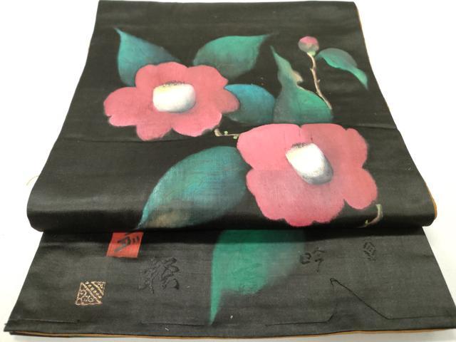 平和屋着物●アンティーク　大正ロマン　両面　太鼓柄京袋帯　草花　黒地　正絹　逸品　DABD0560op