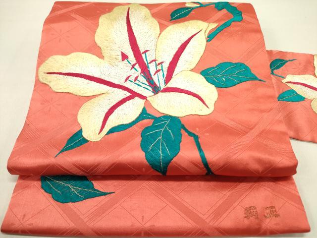 平和屋着物●アンティーク　大正ロマン　九寸名古屋帯　総手刺繍　草花　金糸　正絹　逸品　DABD0630op