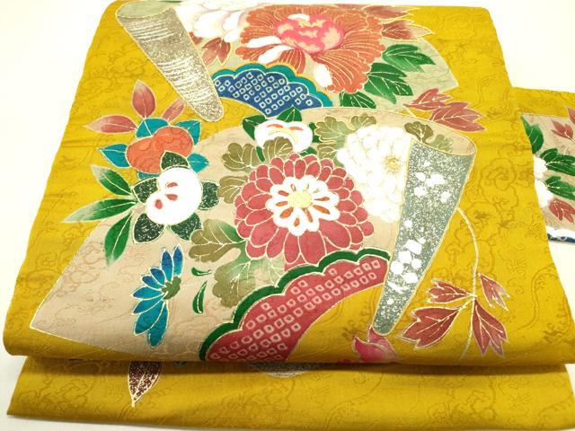 平和屋着物○アンティーク 大正ロマン 九寸名古屋帯 刺繍 地紙草花文