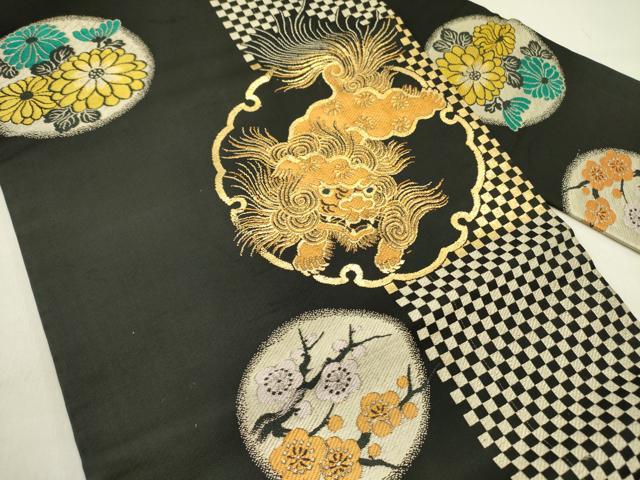 平和屋着物○アンティーク 大正ロマン 九寸名古屋帯 唐織 唐獅子 雪輪