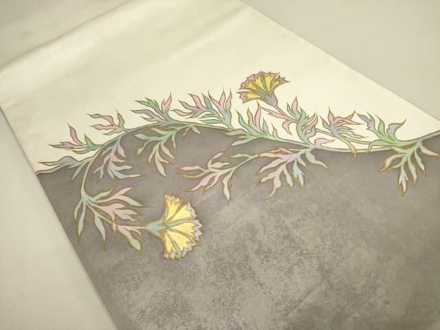 平和屋着物●染色作家　田中文子　太鼓柄袋帯　草花　金彩　正絹　逸品　DABD0847op_1