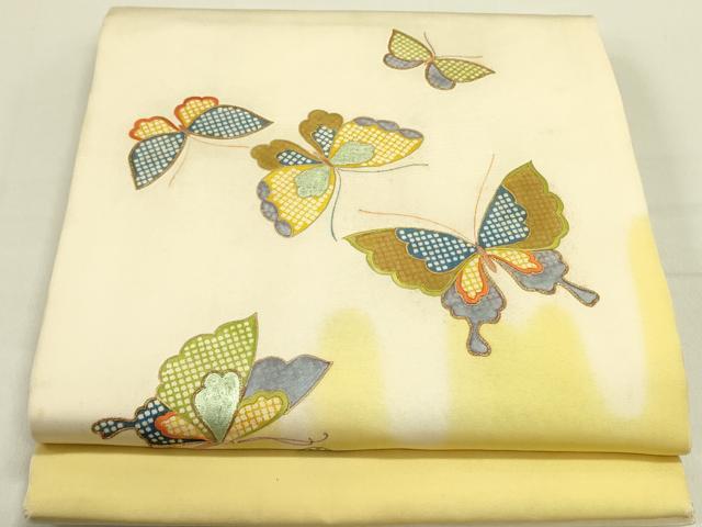 平和屋着物●アンティーク　大正ロマン　九寸開き名古屋帯　駒刺繍　舞蝶文　金彩　正絹　逸品　DABD0885op 平和屋着物○アンティーク 大正ロマン 九寸開き名古屋帯 駒刺繍 舞蝶