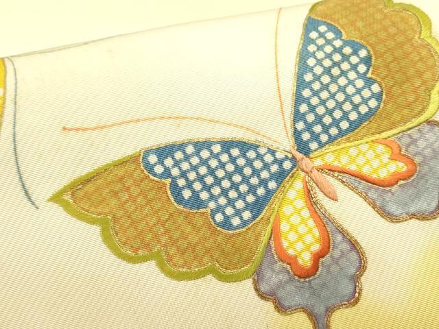 平和屋着物●アンティーク　大正ロマン　九寸開き名古屋帯　駒刺繍　舞蝶文　金彩　正絹　逸品　DABD0885op 平和屋着物○アンティーク 大正ロマン 九寸開き名古屋帯 駒刺繍 舞蝶