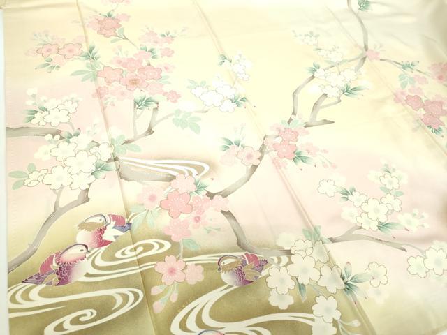 平和屋着物●中国三大刺繍　相良刺繍　訪問着　流水鴛鴦桜　暈し染め　金彩　正絹　逸品　DABD1224ps 平和屋着物○中国三大刺繍 相良刺繍 訪問着 流水鴛鴦桜 暈し染め 金彩