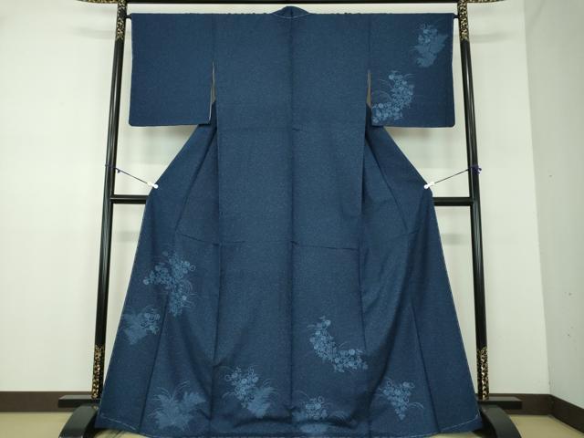 平和屋着物●本藍　型絵染　訪問着　紬地　草花文　やまと金ラベル　正絹　逸品　未使用　DABD1250ps