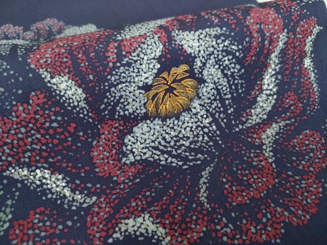 平和屋着物○塩瀬 九寸名古屋帯 駒刺繍 牡丹文 金銀彩 正絹 逸品