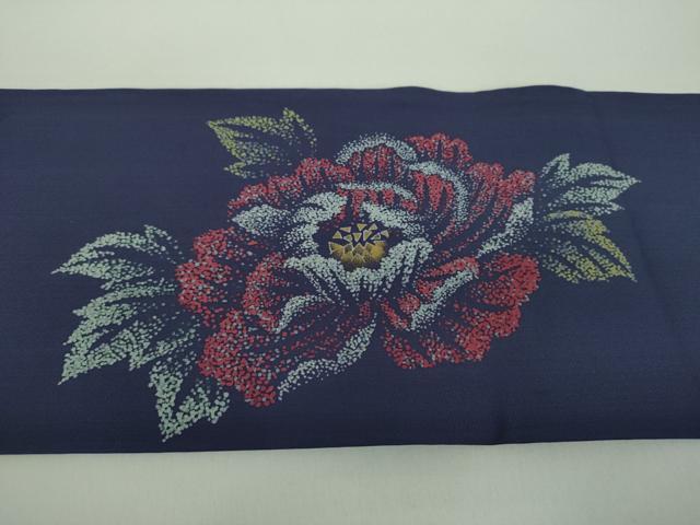 平和屋着物○塩瀬 九寸名古屋帯 駒刺繍 牡丹文 金銀彩 正絹 逸品