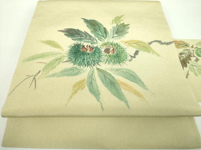 平和屋着物●九寸名古屋帯　手描き　栗　鬼しぼ縮緬　正絹　逸品　DABD1301ps