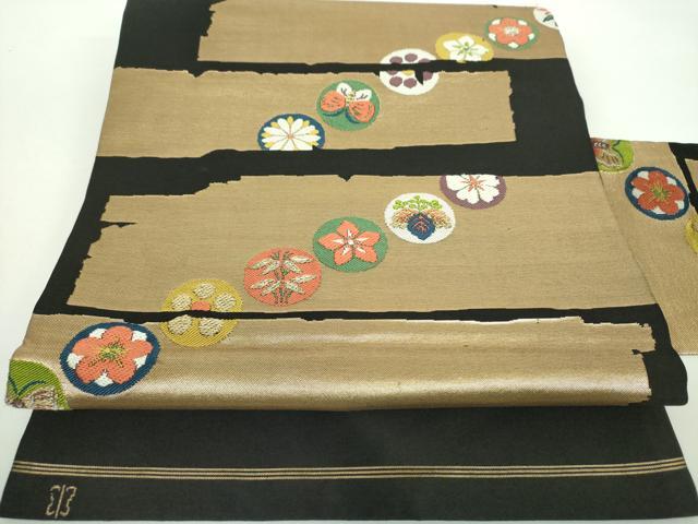 平和屋着物●西陣　川島織物　九寸名古屋帯　唐織　舞蝶花丸文　黒地　金糸　正絹　逸品　DABD1323ps名古屋帯