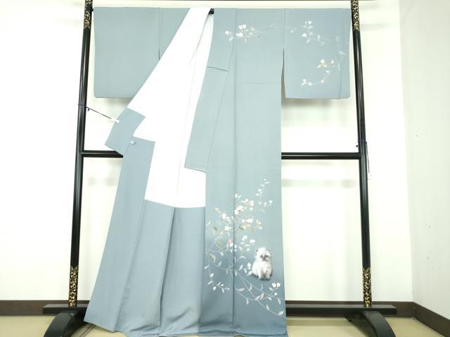 平和屋着物●訪問着　友禅　作家物　手描き　子猫　枝花文　暈し染め　正絹　逸品　DABD1589ps_1