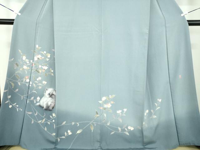 平和屋着物●訪問着　友禅　作家物　手描き　子猫　枝花文　暈し染め　正絹　逸品　DABD1589ps_3