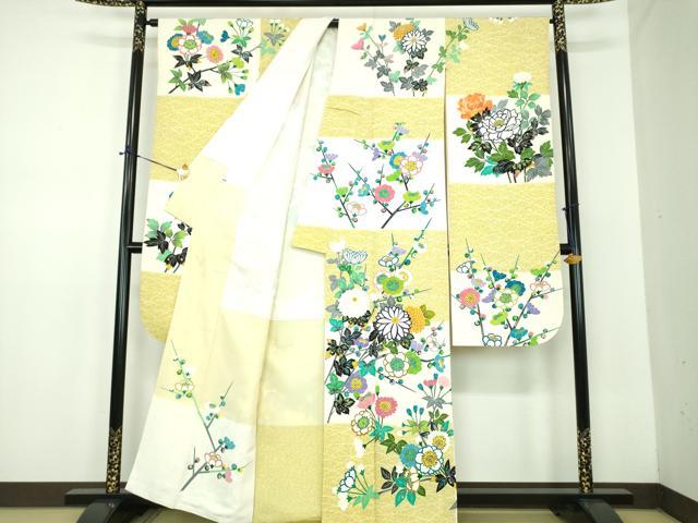 平和屋着物●極上　人間国宝　羽田登喜男　TOKIOetTOKI　振袖　市松枝花文　上代98万　反端付き　正絹　逸品　DABD1693ps 平和屋着物○極上 人間国宝 羽田登喜男 TOKIOetTOKI 振袖 市松枝花文