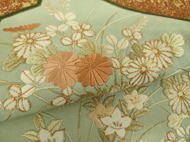 平和屋着物●京都の和装業の老舗一門　千切屋治兵衛　訪問着　駒刺繍　総刺繍　秋草文　金彩　反端付き　正絹　逸品　DABD1698ps_5