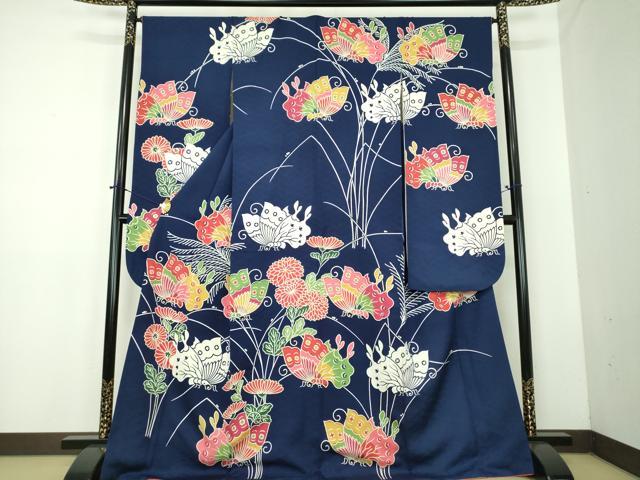 平和屋着物●和染紅型　栗山紅型　栗山吉三郎　振袖　舞蝶花文　金彩　正絹　逸品　DABD1852ps