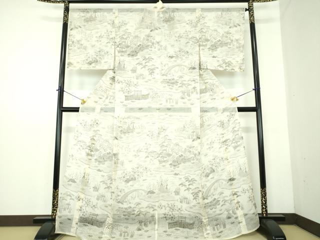 平和屋着物＊夏物　青山みとも　紗紬　渡橋風景花文　正絹　逸品　未使用　DABD1866ps