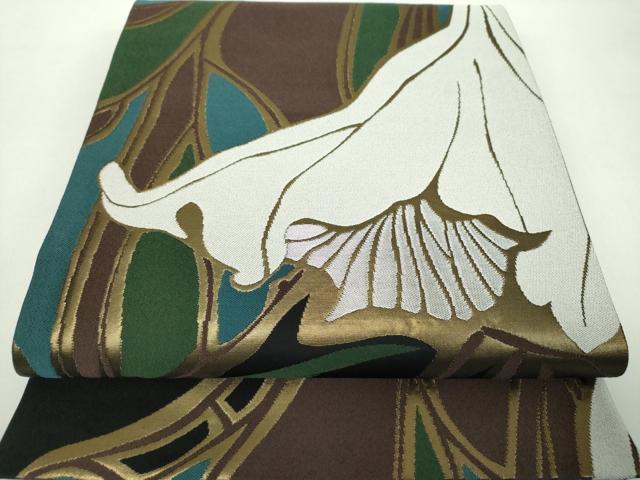 平和屋着物●六通柄袋帯　草花文　黒地　金銀糸　正絹　逸品　DABD1930ps